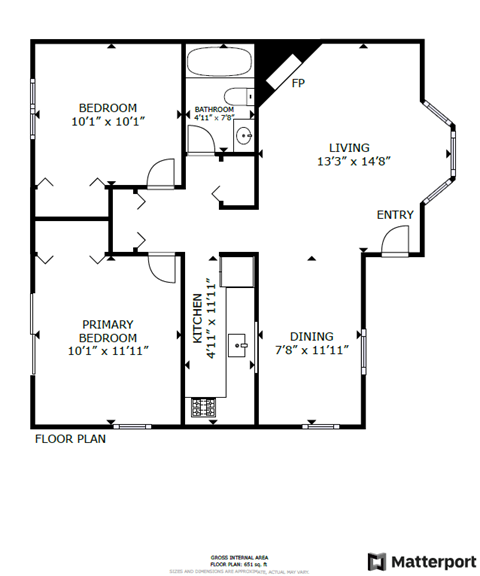 A floor plan for a home with a living room, dining room, kitchen, and two bedrooms.